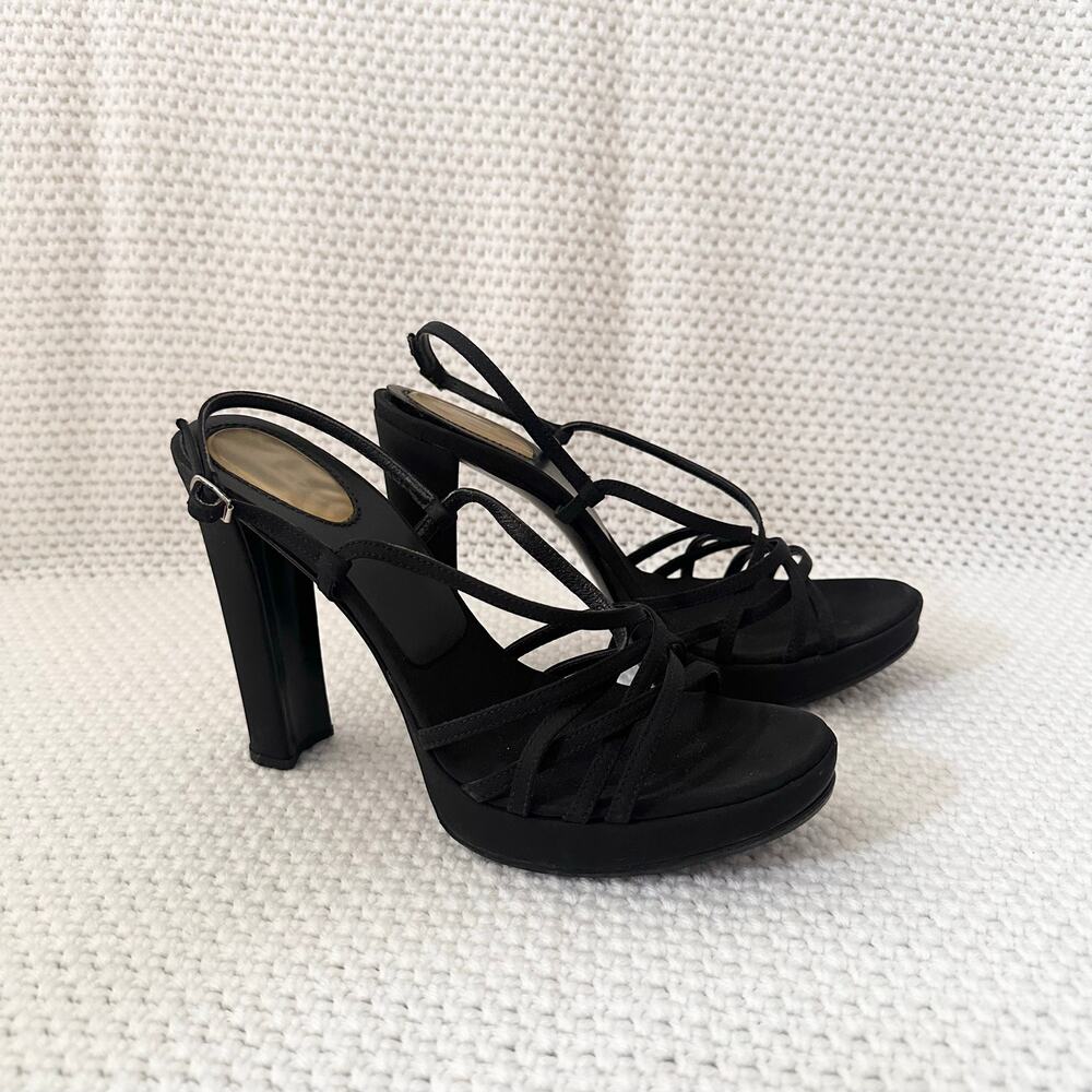 Casadei Black Satin Evening Platform Chunky Heel Strappy Slingback Sandals 8.5